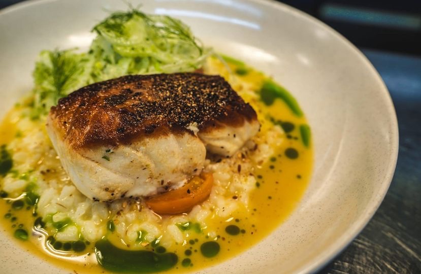 Grilled Market Fish of the Day with risotto, cherry tomato, fennel salad, miso sauce, dukkah on a plate