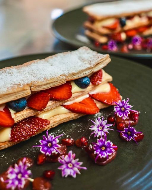Mille-Feuille with seasonal berries, creme patissiere, and candied walnuts